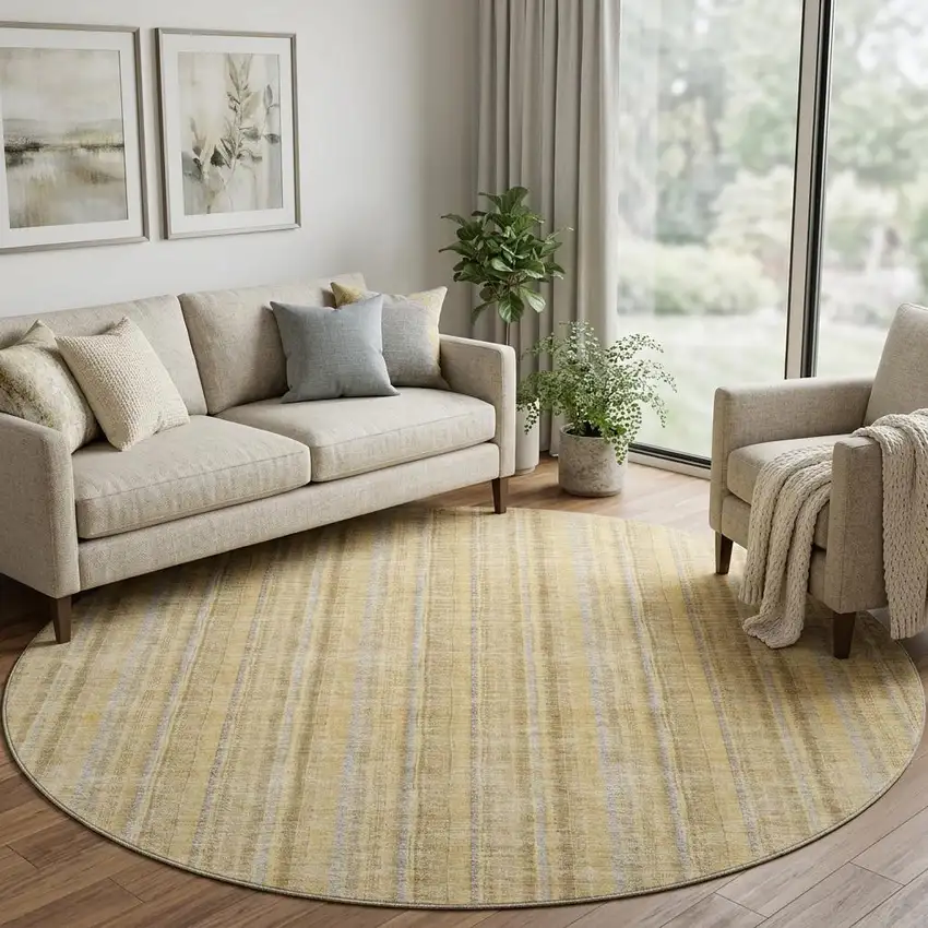 8' Wheat Gray And Gold Striped Washable Round Rug With UV Protection Photo 1