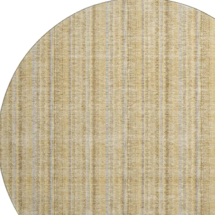 8' Wheat Gray And Gold Striped Washable Round Rug With UV Protection Photo 2
