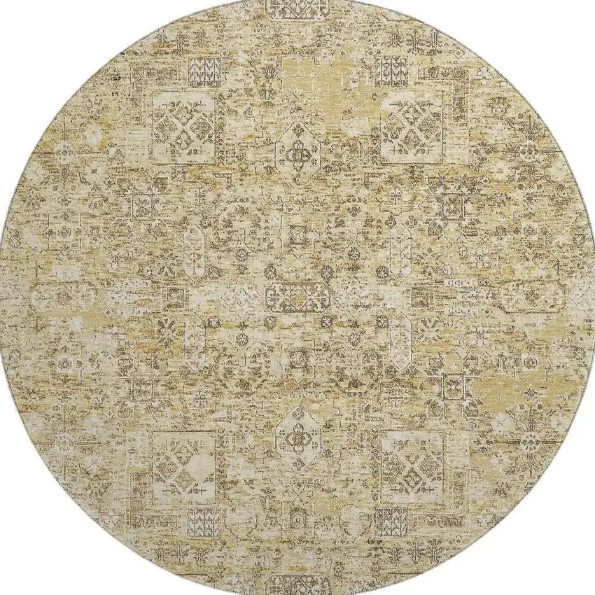8' Wheat Gray And Ivory Floral Washable Round Rug With UV Protection Photo 2