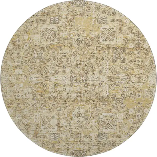 8' Wheat Gray And Ivory Floral Washable Round Rug With UV Protection Photo 1