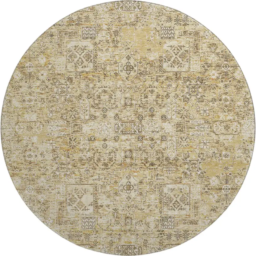 8' Wheat Gray And Ivory Floral Washable Round Rug With UV Protection Photo 1