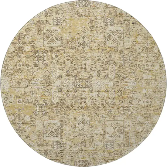 8' Wheat Gray And Ivory Floral Washable Round Rug With UV Protection Photo 3
