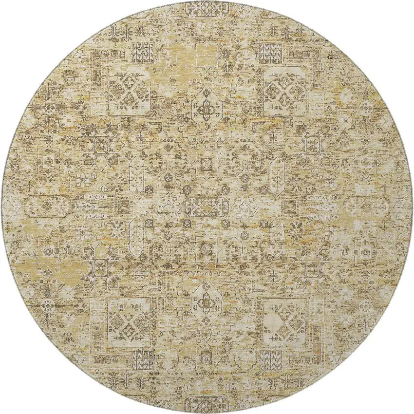 8' Wheat Gray And Ivory Floral Washable Round Rug With UV Protection Photo 3