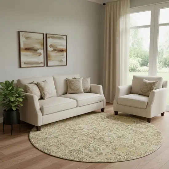 8' Wheat Gray And Ivory Floral Washable Round Rug With UV Protection Photo 1