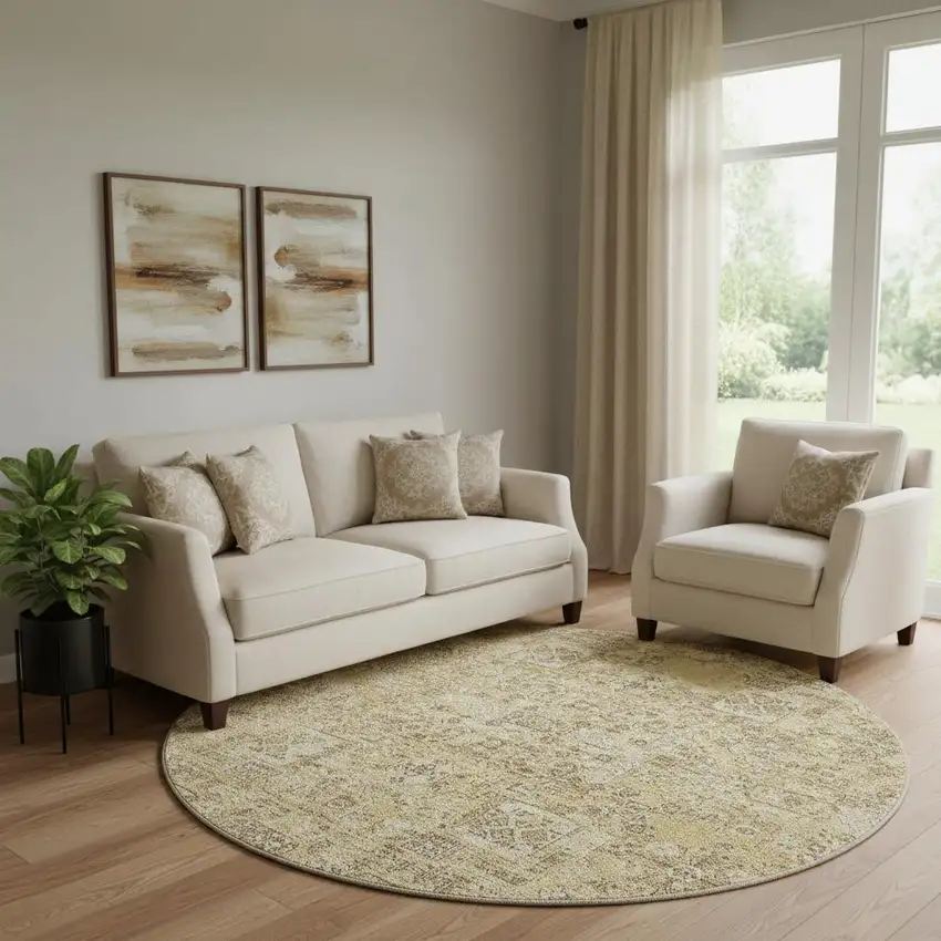 8' Wheat Gray And Ivory Floral Washable Round Rug With UV Protection Photo 1