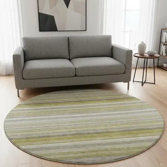 8' Wheat Gray And Ivory Striped Washable Round Rug With UV Protection Photo 2