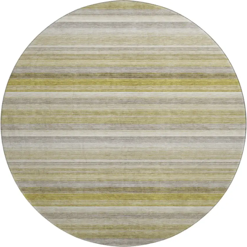 8' Wheat Gray And Ivory Striped Washable Round Rug With UV Protection Photo 1