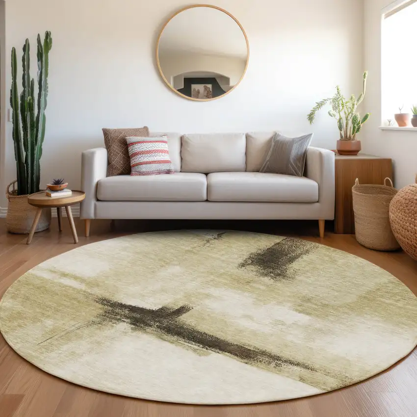 8' Wheat Green And Black Round Abstract Washable Indoor Outdoor Area Rug Photo 8