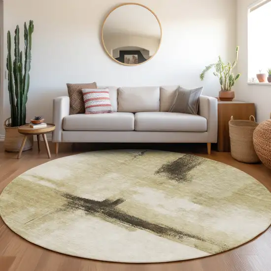 8' Wheat Green And Black Round Abstract Washable Indoor Outdoor Area Rug Photo 8