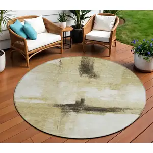 Photo of 8' Wheat Green And Black Round Abstract Washable Indoor Outdoor Area Rug