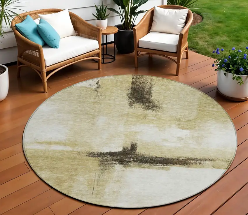 8' Wheat Green And Black Round Abstract Washable Indoor Outdoor Area Rug Photo 1