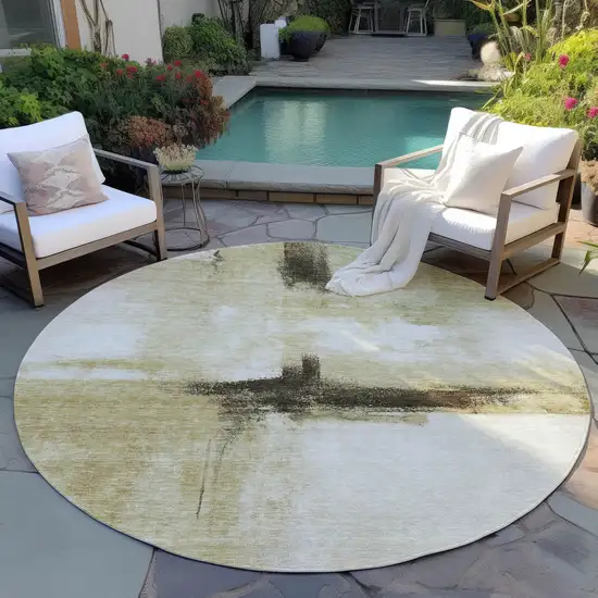 8' Wheat Green And Black Round Abstract Washable Indoor Outdoor Area Rug Photo 7