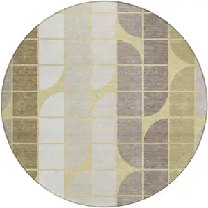 Photo of 8' Wheat Ivory And Brown Round Geometric Washable Indoor Outdoor Area Rug