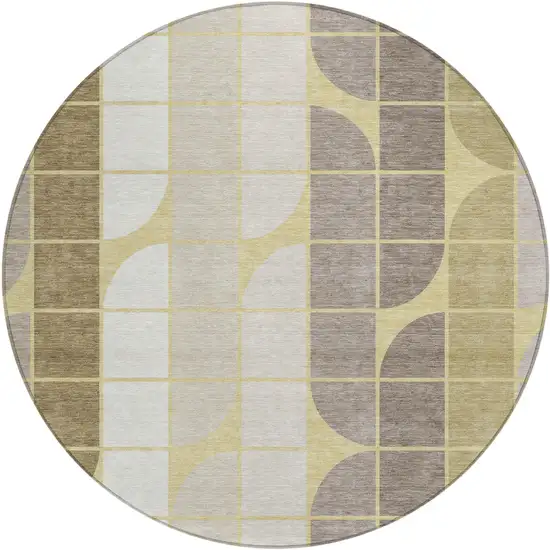8' Wheat Ivory And Brown Round Geometric Washable Indoor Outdoor Area Rug Photo 1