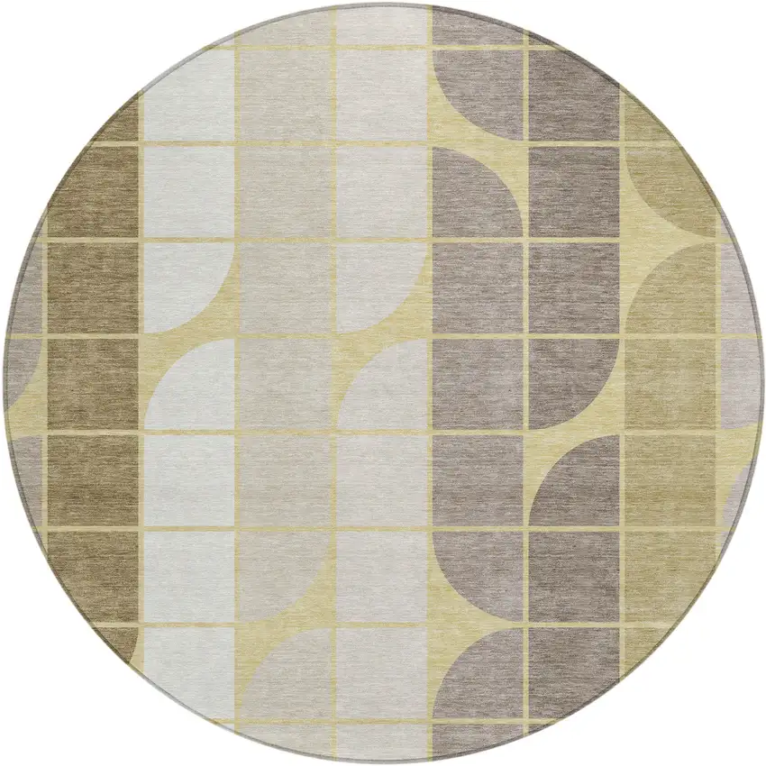 8' Wheat Ivory And Brown Round Geometric Washable Indoor Outdoor Area Rug Photo 1