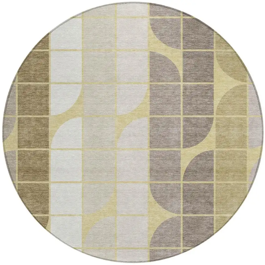 8' Wheat Ivory And Brown Round Geometric Washable Indoor Outdoor Area Rug Photo 3