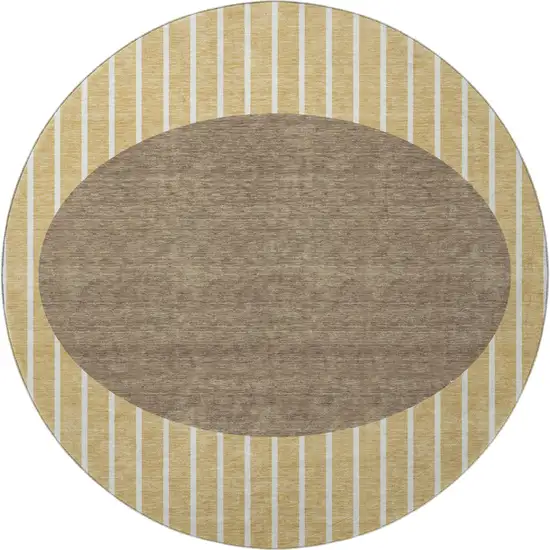 8' Wheat Ivory And Brown Striped Washable Round Rug With UV Protection Photo 2
