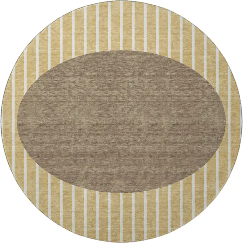8' Wheat Ivory And Brown Striped Washable Round Rug With UV Protection Photo 2