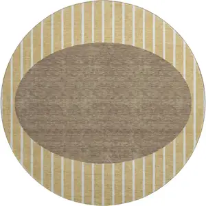 Photo of 8' Wheat Ivory And Brown Striped Washable Round Rug With UV Protection