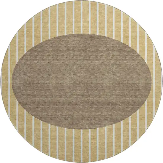 8' Wheat Ivory And Brown Striped Washable Round Rug With UV Protection Photo 1