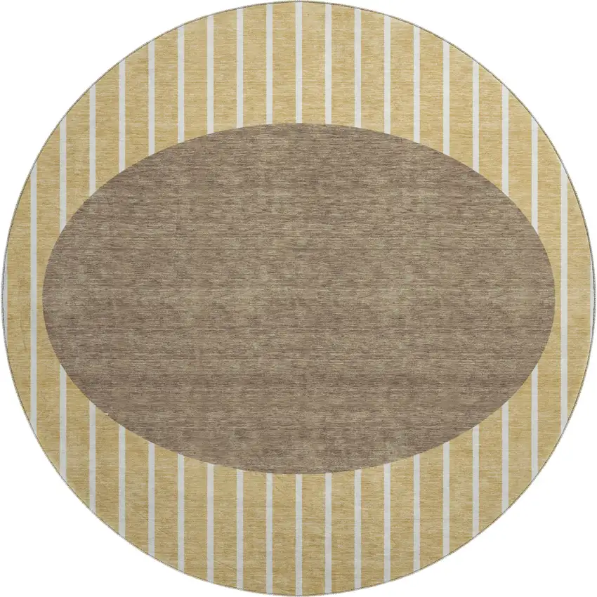 8' Wheat Ivory And Brown Striped Washable Round Rug With UV Protection Photo 1