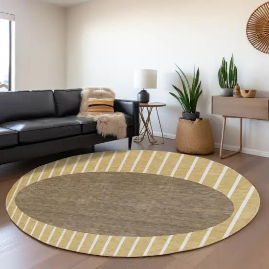 8' Wheat Ivory And Brown Striped Washable Round Rug With UV Protection Photo 3