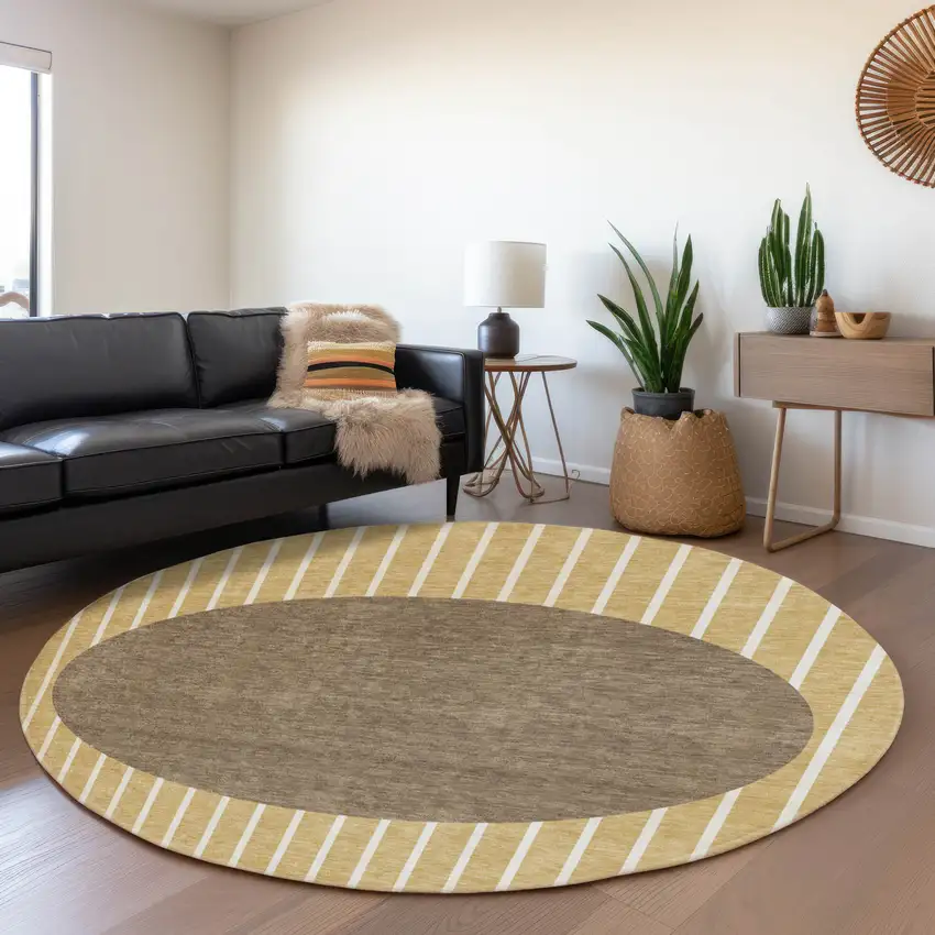 8' Wheat Ivory And Brown Striped Washable Round Rug With UV Protection Photo 3