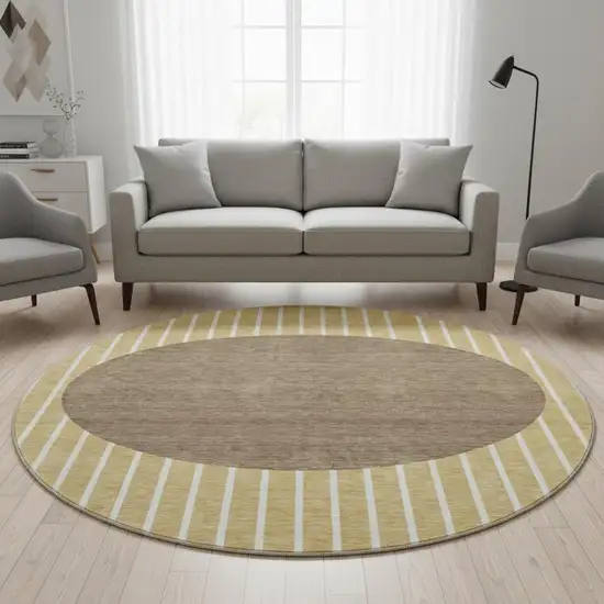 8' Wheat Ivory And Brown Striped Washable Round Rug With UV Protection Photo 2