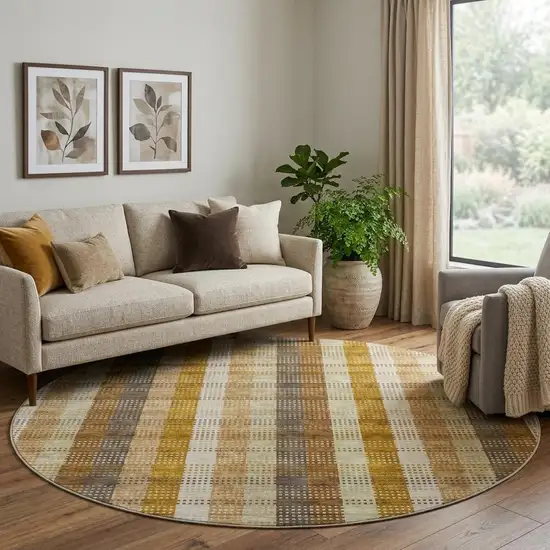 8' Wheat Ivory And Copper Plaid Washable Round Rug With UV Protection Photo 1