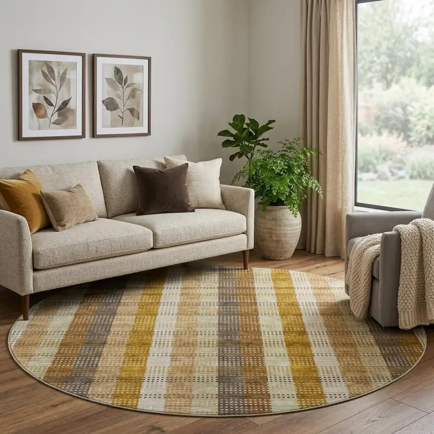 8' Wheat Ivory And Copper Plaid Washable Round Rug With UV Protection Photo 1