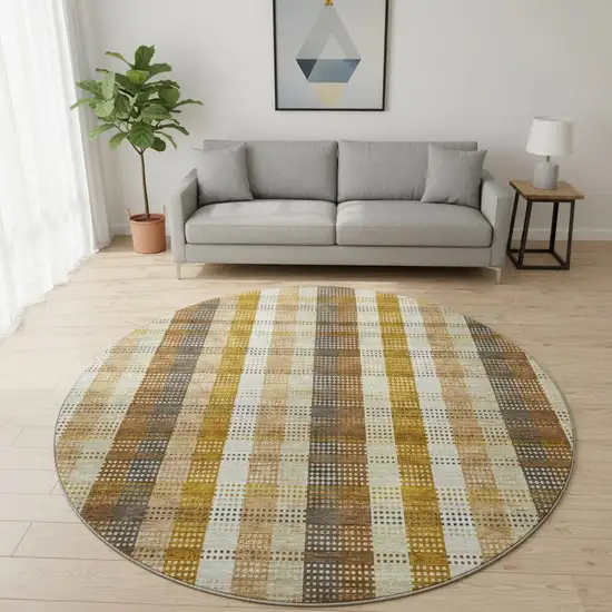 8' Wheat Ivory And Copper Plaid Washable Round Rug With UV Protection Photo 2