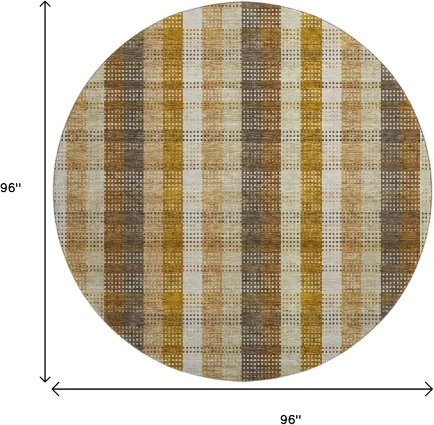 8' Wheat Ivory And Copper Plaid Washable Round Rug With UV Protection Photo 8
