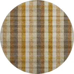 Photo of 8' Wheat Ivory And Copper Plaid Washable Round Rug With UV Protection
