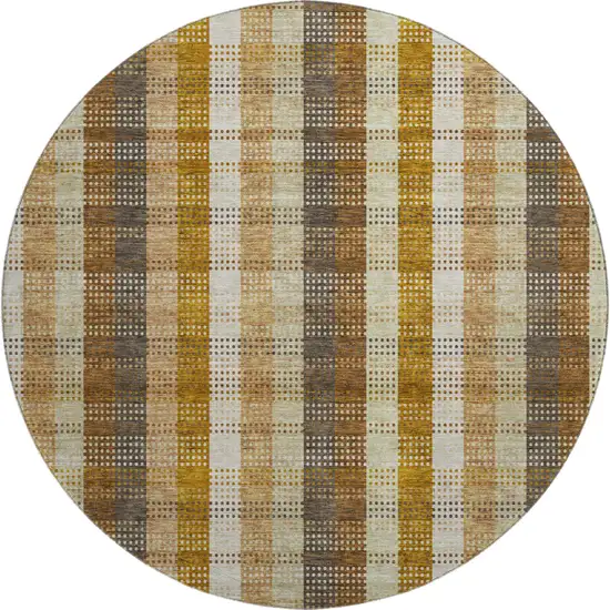 8' Wheat Ivory And Copper Plaid Washable Round Rug With UV Protection Photo 1
