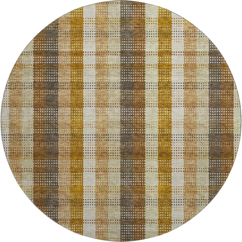 8' Wheat Ivory And Copper Plaid Washable Round Rug With UV Protection Photo 1