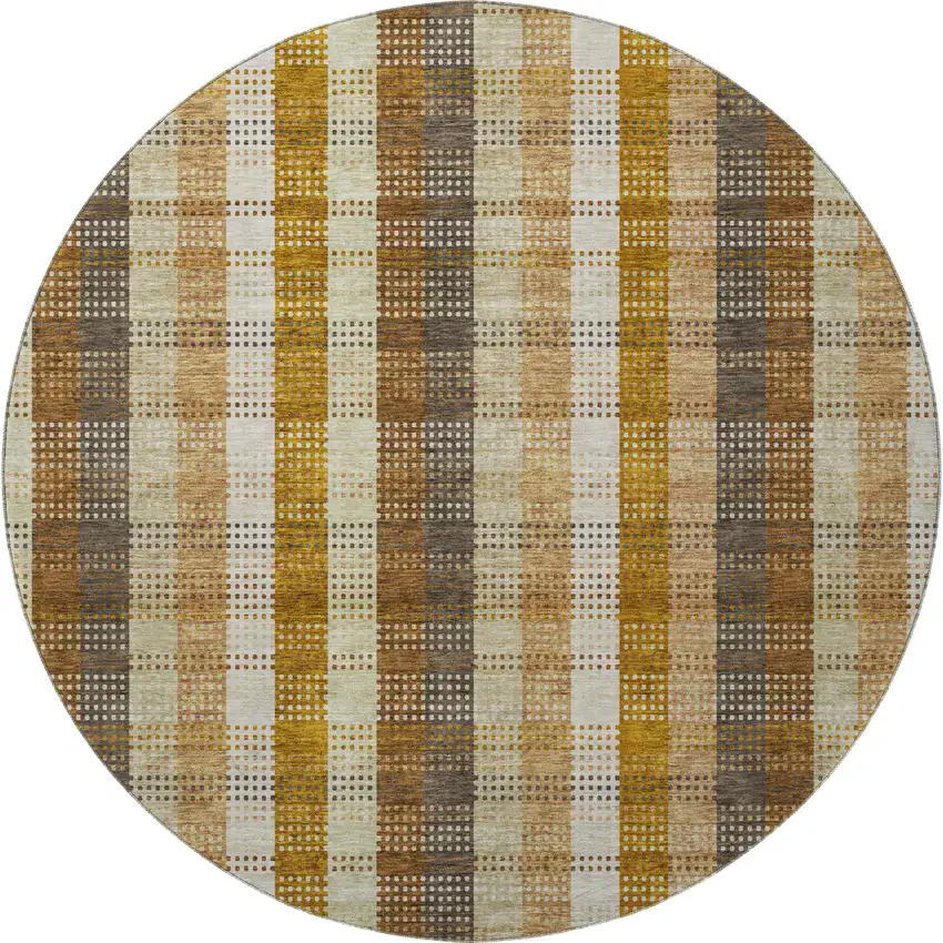 8' Wheat Ivory And Copper Plaid Washable Round Rug With UV Protection Photo 2