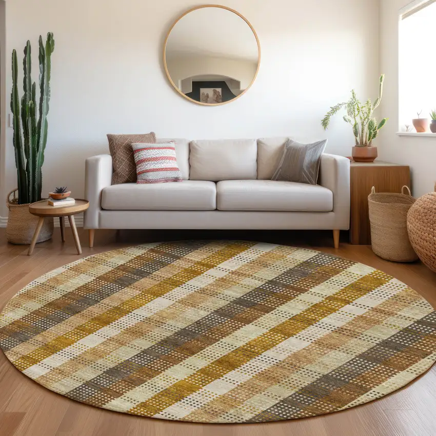 8' Wheat Ivory And Copper Plaid Washable Round Rug With UV Protection Photo 3