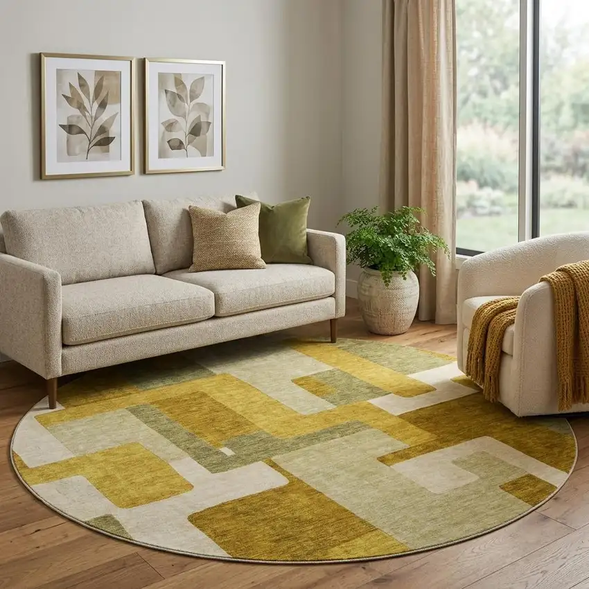 8' Wheat Ivory And Gold Geometric Washable Round Rug With UV Protection Photo 1