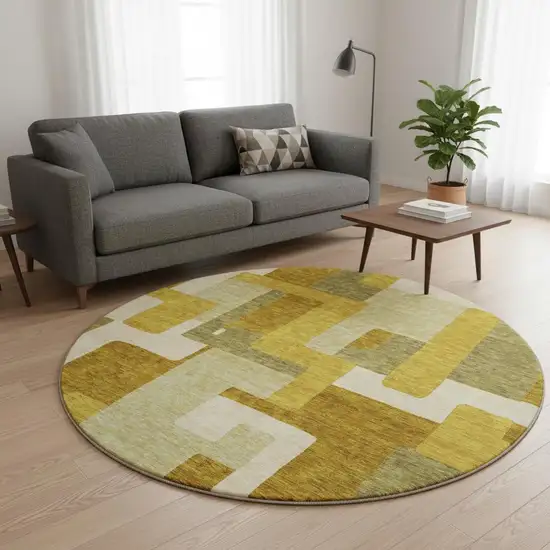 8' Wheat Ivory And Gold Geometric Washable Round Rug With UV Protection Photo 2