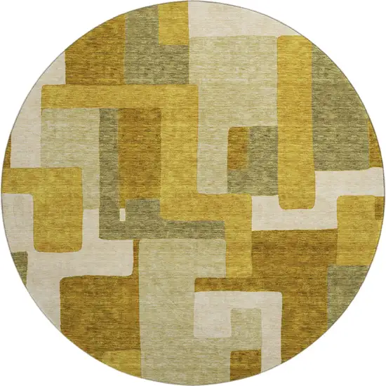 8' Wheat Ivory And Gold Geometric Washable Round Rug With UV Protection Photo 1