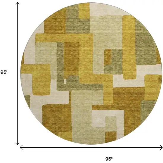 8' Wheat Ivory And Gold Geometric Washable Round Rug With UV Protection Photo 9