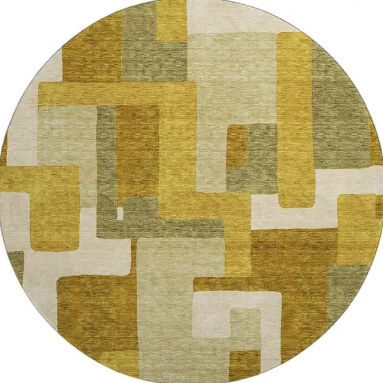 8' Wheat Ivory And Gold Geometric Washable Round Rug With UV Protection Photo 3
