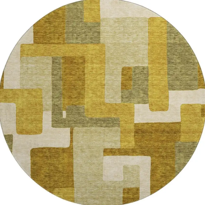 8' Wheat Ivory And Gold Geometric Washable Round Rug With UV Protection Photo 3