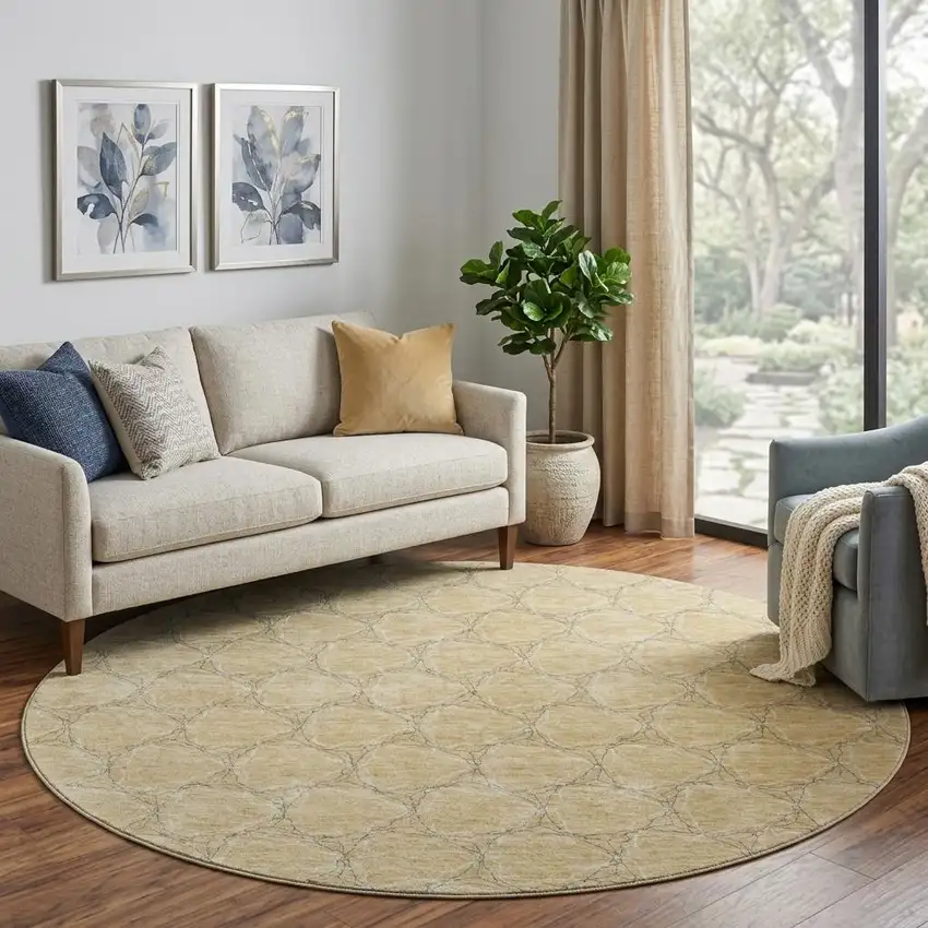 8' Wheat Ivory And Gray Geometric Washable Round Rug With UV Protection Photo 1
