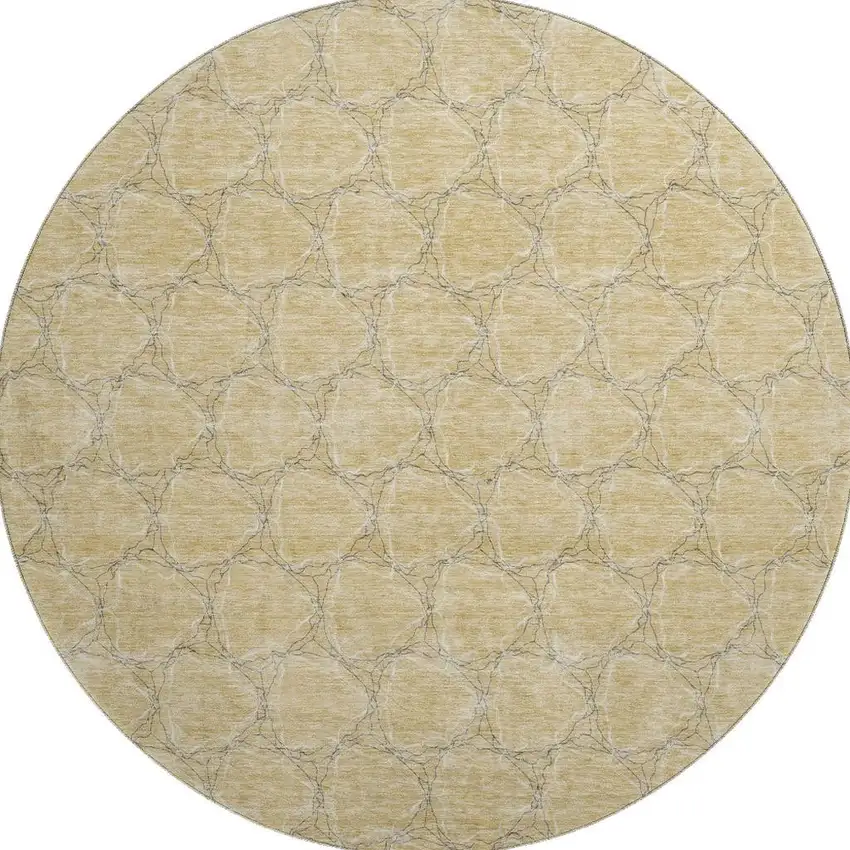 8' Wheat Ivory And Gray Geometric Washable Round Rug With UV Protection Photo 3