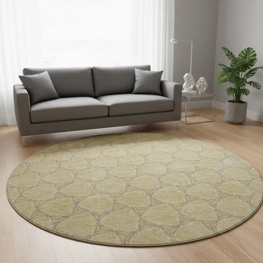 8' Wheat Ivory And Gray Geometric Washable Round Rug With UV Protection Photo 2