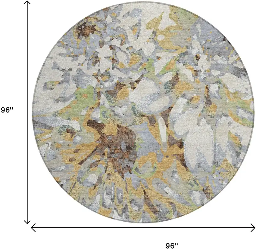 8' Wheat Ivory And Gray Round Floral Washable Indoor Outdoor Area Rug Photo 3