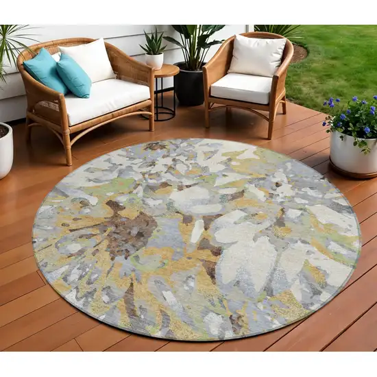 8' Wheat Ivory And Gray Round Floral Washable Indoor Outdoor Area Rug Photo 1