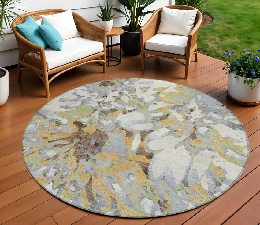 8' Wheat Ivory And Gray Round Floral Washable Indoor Outdoor Area Rug Photo 1