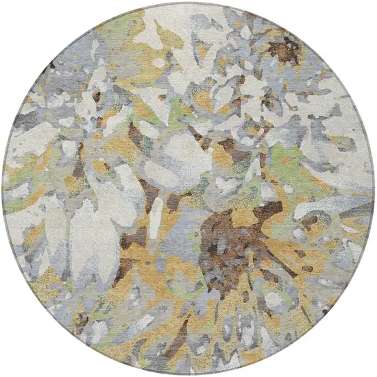 8' Wheat Ivory And Gray Round Floral Washable Indoor Outdoor Area Rug Photo 4